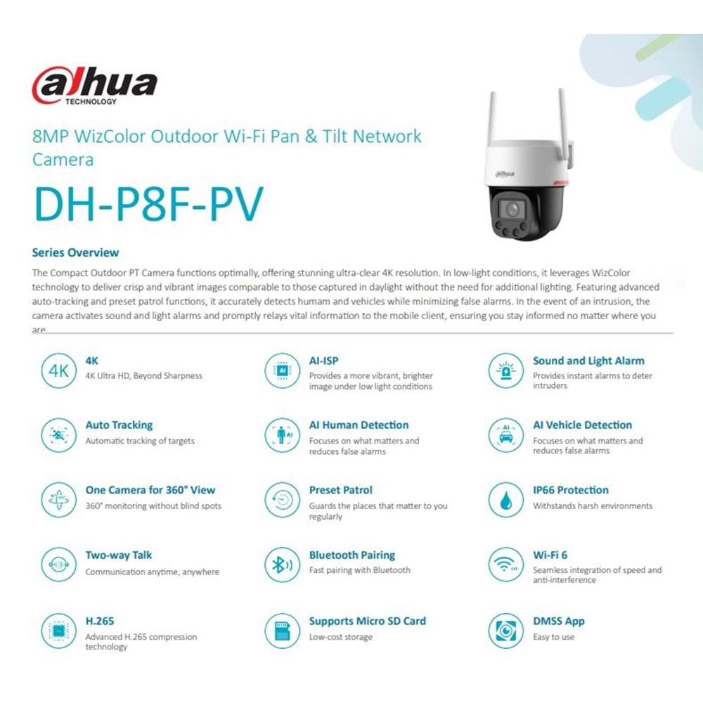 DAHUA P8F-PV-0360B-PRO 8MP WİRELESS PT IP KAMERA - PICOO F1