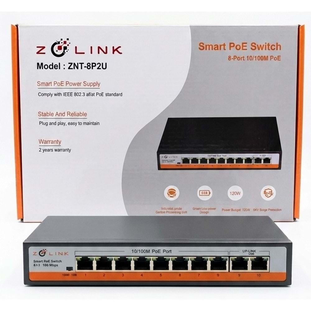 Zolink ZNT-SW-8P2U-V3 10/100 8+2 PoE Switch 2 Port Uplink 120w